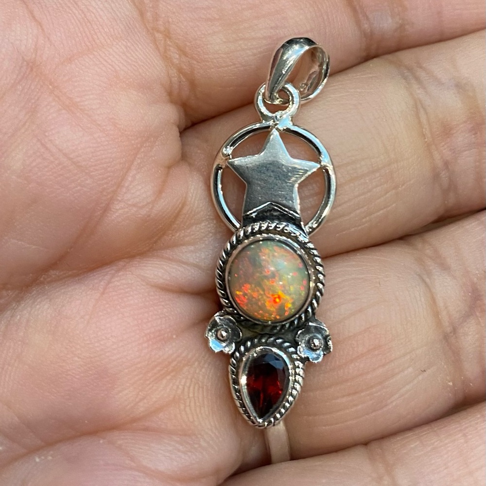 Gorgeous Ethiopian Fire Opal with Garnet Star Pendant in Sterling Silver